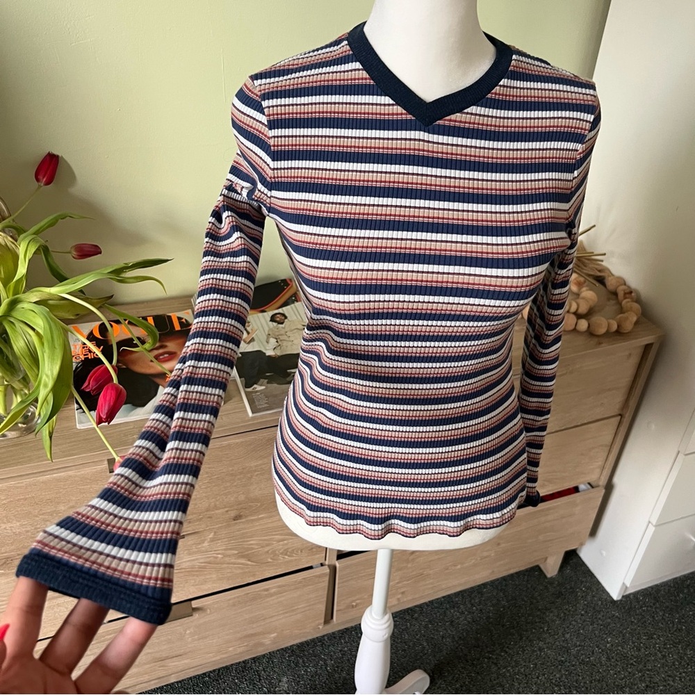 Navy White Orange Red Striped Modest Cotton Casual V-Neck T-Shirt Stretch Top S